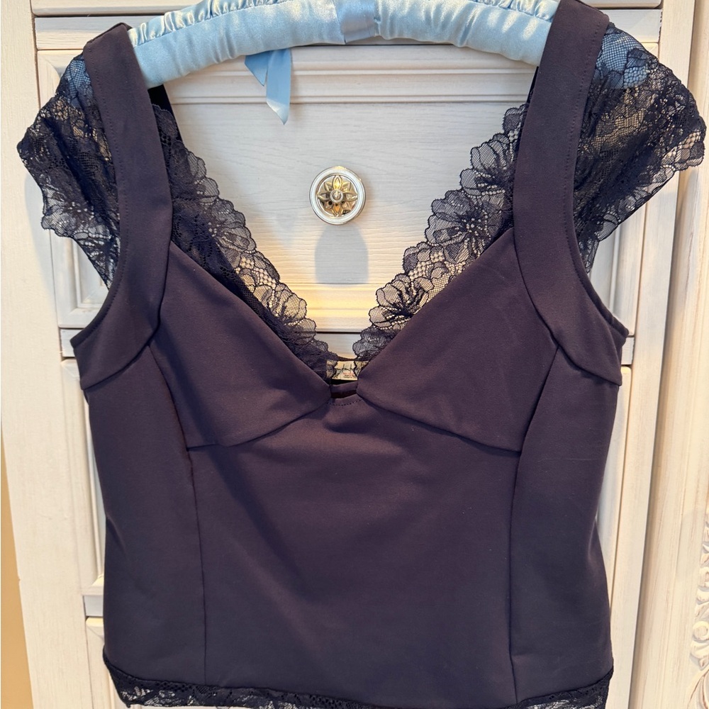 Free People Black Lace Trim Blouse